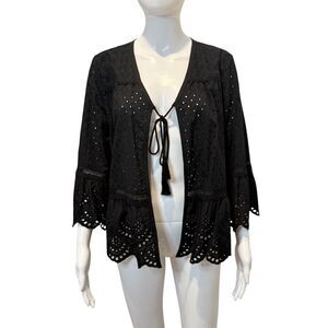 Westport Black Eyelet Scallop Tassel Tie Bell Sleeve Blouse Size M